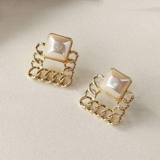Beaded Geometric Stud Earring 1 Pair - 1868 - Faux Pearl - Silver - One Size