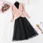 Set: Glitter Long-sleeve Knit Top + Sleeveless Mesh Midi A-line Dress