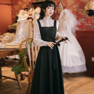 Set: Long-sleeve Mock-neck Lace Blouse + A-line Midi Pinafore Dress