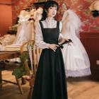Set: Long-sleeve Mock-neck Lace Blouse + A-line Midi Pinafore Dress