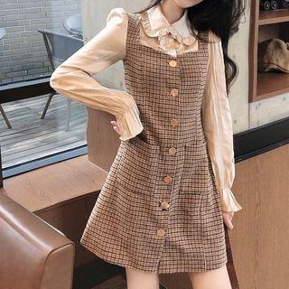 Mock Two-piece Long-sleeve A-line Dress Coffee - One Size