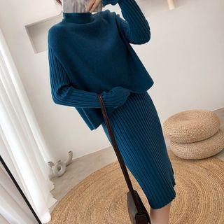 Set: Long Sleeve Ribbed Knit Dress + Turtleneck Knit Vest