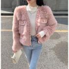 Faux Pearl Faux Leather Panel Fluffy Jacket
