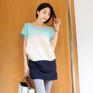 Short-sleeve Color Block Chiffon Top