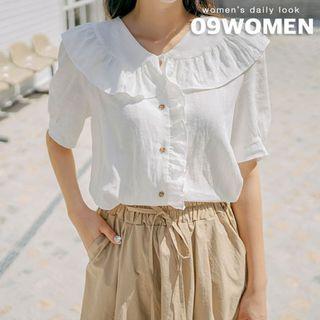 Plus Size Wide-collar Frilled Blouse