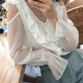 Long-sleeve Cold Shoulder Ruffled Buttoned Top