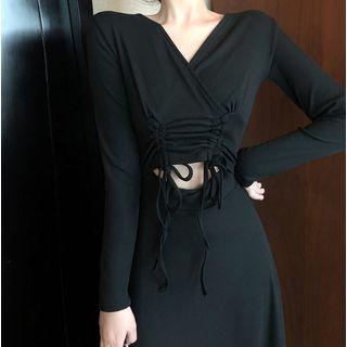 Drawstring Cut-out Long-sleeve Midi A-line Dress