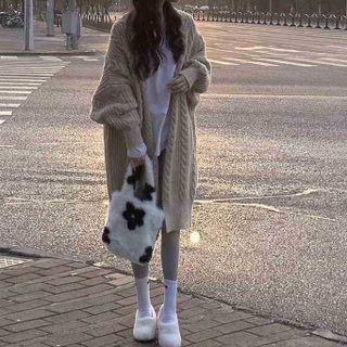 Puff-sleeve Cable Knit Long Cardigan