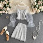 Set Of 3 : Mesh Top + Faux Pearl Camisole Top + Fringe Skirt