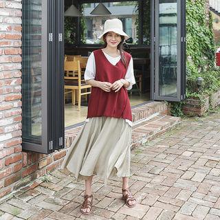 Drawstring-waist Flared Long Skirt