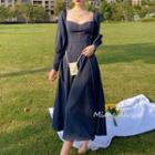Long-sleeve Square Neck Midi A-line Denim Dress
