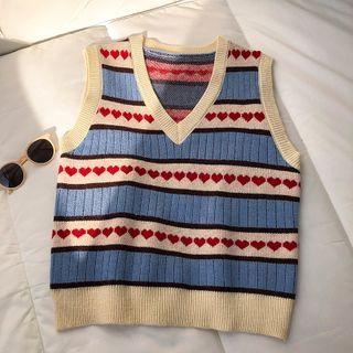 V-neck Color-block Sleeveless Knit Vest Blue - One Size
