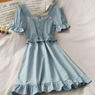 Ruffled-trim Embroidered Midi Dress