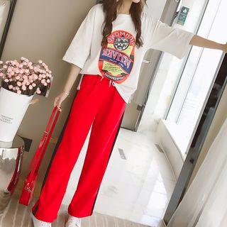 Set: 3/4-sleeve Printed T-shirt + Contrast Trim Sweatpants