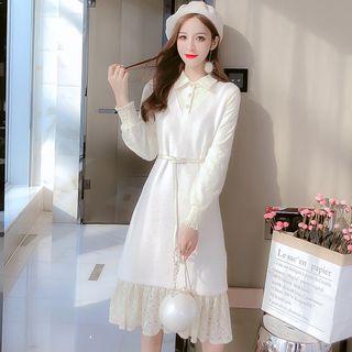 Collared Lace Hem A-line Midi Knit Dress