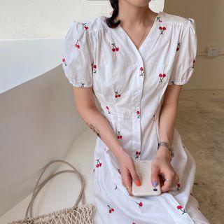 Cherry Short-sleeve Midi A-line Dress Cherry - White - One Size