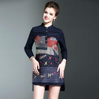 Embroidered Long Sleeve Dip Back Shift Dress