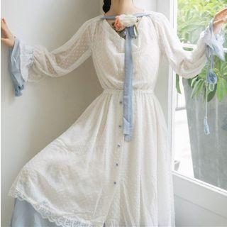 Dotted Lace Trim Long-sleeve Midi A-line Dress