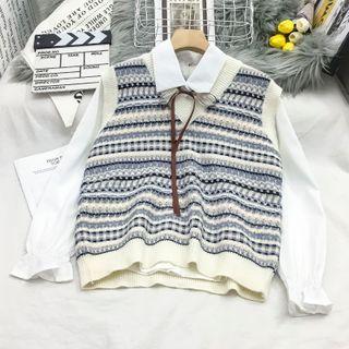 Long-sleeve Ribbon Shirt / Patterned Knit Vest