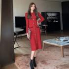 Long-sleeve Tweed Midi Dress Red - One Size