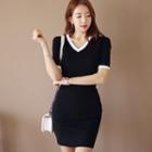 Contrast Trim Short-sleeve Sheath Mini Knit Dress Black - One Size