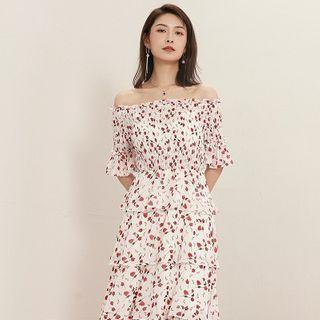 Elbow-sleeve Floral Print Midi A-line Tiered Dress