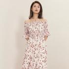 Elbow-sleeve Floral Print Midi A-line Tiered Dress