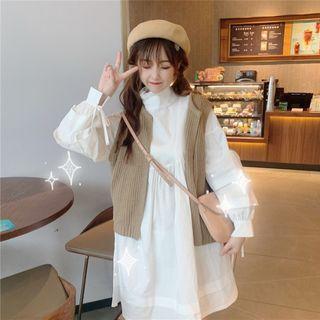 Frill Trim Puff-sleeve Dress / Knit Vest