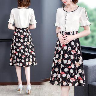 Mock Two-piece Short-sleeve Printed A-line Dress