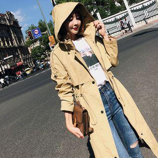Drawstring Hooded Double-breasted Trench Coat