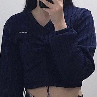 Drawstring V-neck Cropped Cable-knit Top