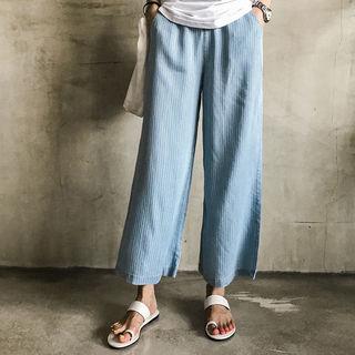 Band-waist Wide-leg Pinstripe Pants Blue - One Size