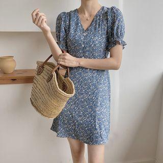 V Neckline Floral Puff-sleeve Dress Blue - One Size