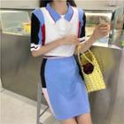 Set: Polo-neck Color-block Knit T-shirt+high-waist Color-block Skirt