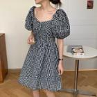Patterned Short-sleeve A-line Dress Dot - Black - One Size