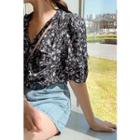 Frill-trim Floral Blouse Navy Blue - One Size