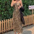 Spaghetti Strap Leopard Print Midi Sheath Dress Leopard Print Strap Dress - One Size