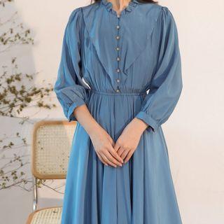 3/4-sleeve Half Button Midi A-line Dress