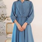 3/4-sleeve Half Button Midi A-line Dress