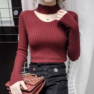 Long-sleeve Plain Pointelle-knit Top