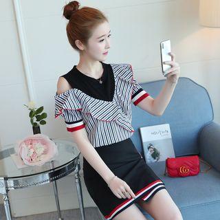 Set: Ruffle Trim Striped Short-sleeve Top + Striped Trim A-line Skirt