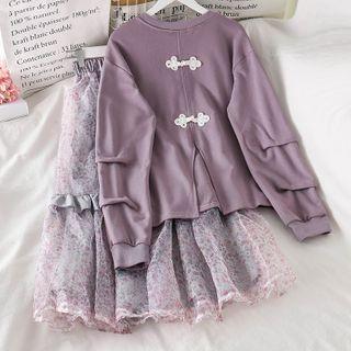 Plain Long-sleeve Loose-fit Pullover / Floral Mesh Skirt