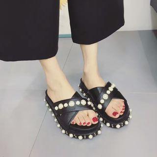 Faux Pearl Cross Strap Slide Sandals