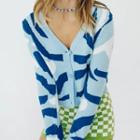 Long Sleeve V-neck Pattern Print Crop Cardigan Blue - One Size