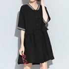 Tipped Elbow Sleeve Button Down Dress