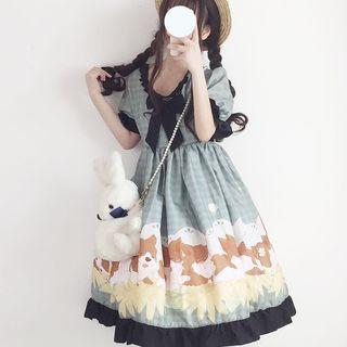 Bow Accent Dog Print Short-sleeve A-line Dress