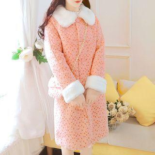 Long-sleeve Color Block Faux Furry Long Coat