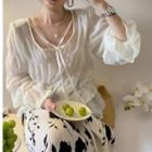 Flared-cuff Shirred Blouse / Floral Print Midi A-line Skirt