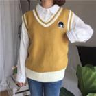 Embroidered Color Panel Knit Vest Yellow - One Size