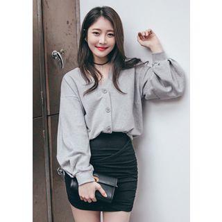 Balloon-sleeve Buttoned Cotton Cardigan